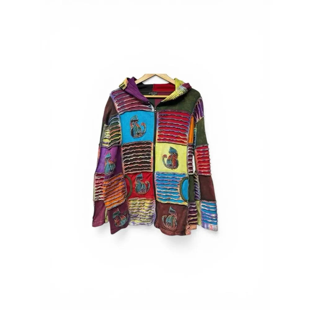 Greater Good Patchwork Full Zip Sweatshirt Jacket 3X Embroidered Cats Artsy - Picture 8 of 8